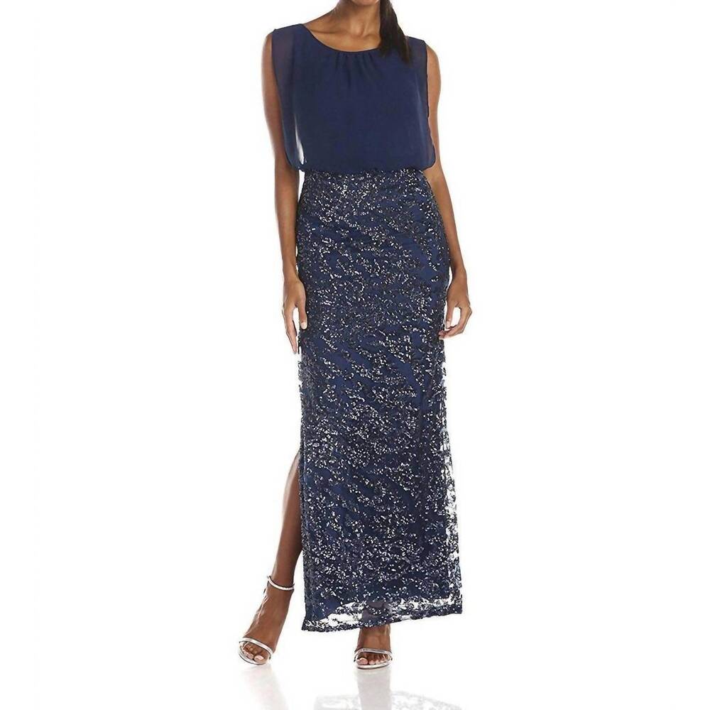 NEW AIDAN MATTOX overlay sequined long evening dress in navy